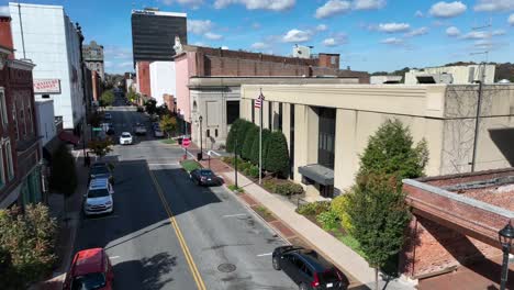 aerial view of a city street with government building
