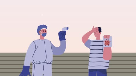 animación de partículas del virus covid-19 con científicos y hombres enfermos