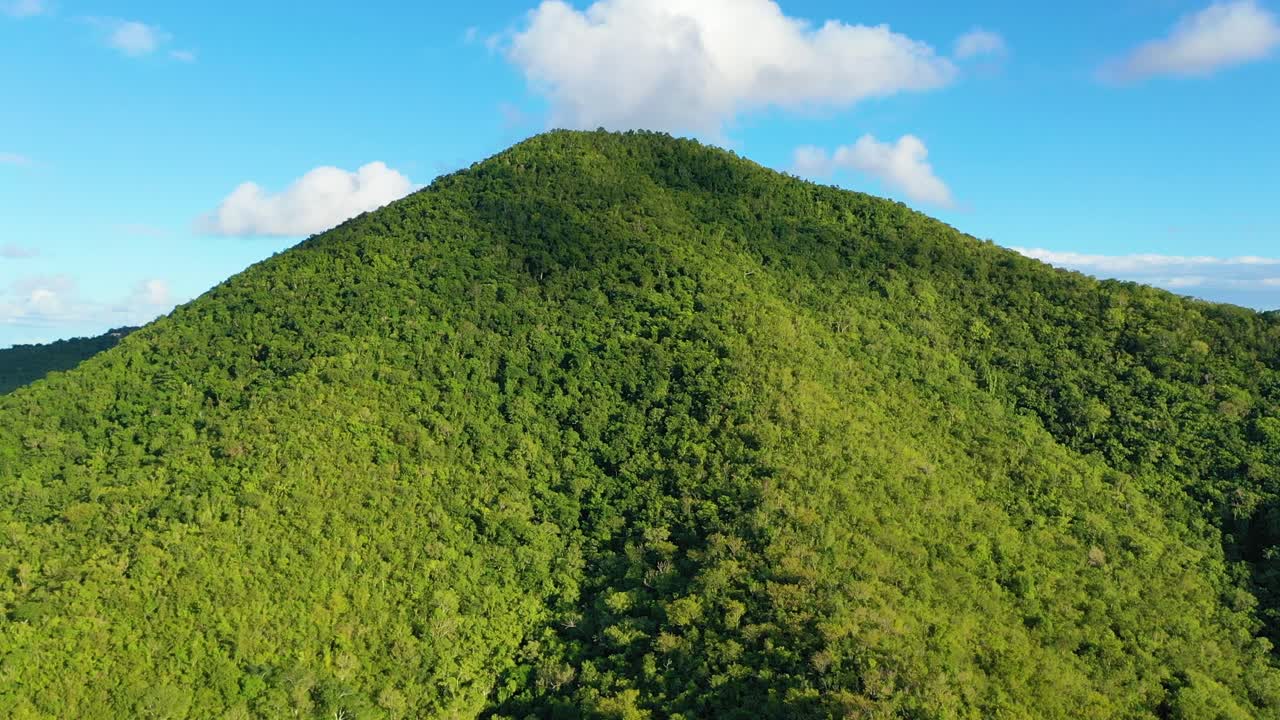 This sweeping aerial view reveals St. Croix’s pristine tropical forest, filled with deep green canopy, rugged terrain, and untouched nature glowing in the Caribbean sun under wide blue skies