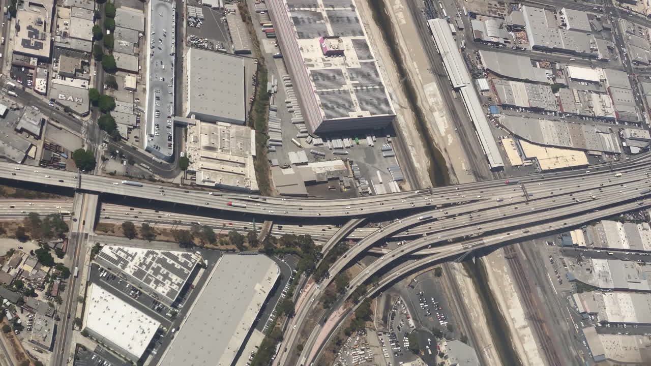 An aerial view of traffic merging between the #10 and #5 Freeway interchange southeast of downtown Los Angeles