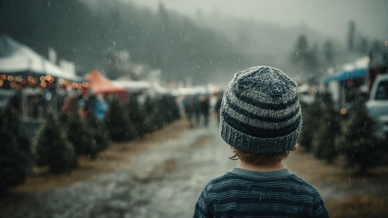 A Child Gazes into the Rainy Outdoors at a Festive Market, Surrounded by Evergreens and Distant Lights, Capturing the Spirit of Exploration and Adventure