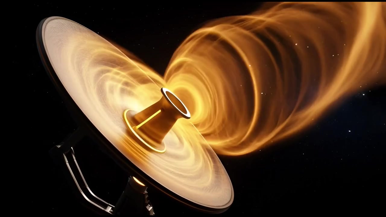 Antenna Parabolica Futuristica che Emette un Raggio di Energia Dorato