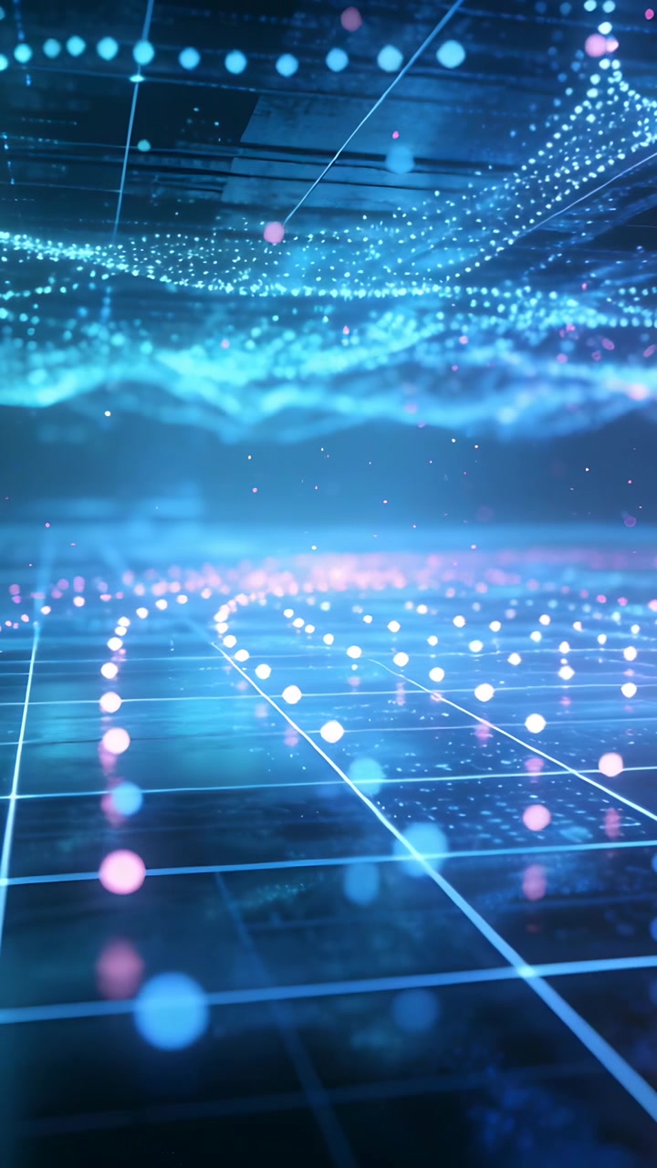 Vertical video: Drifting shot revealing mirrored grid, pulsing nodes, overhead wave, showing depth