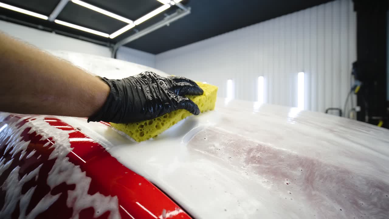 un trabajador lavando un coche rojo en un lavado de coches con un paño amarillo.