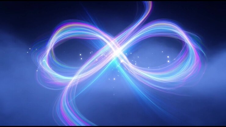 Simbolo dell'infinito luminoso animato formato da scie luminose colorate