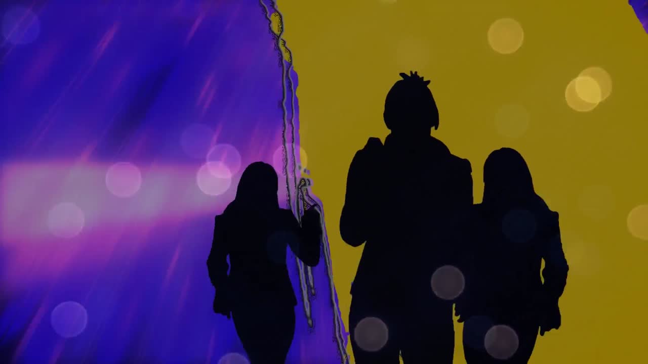 bailarines con siluetas sobre un fondo púrpura