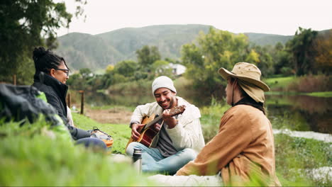 music, guitar and friends camping in nature