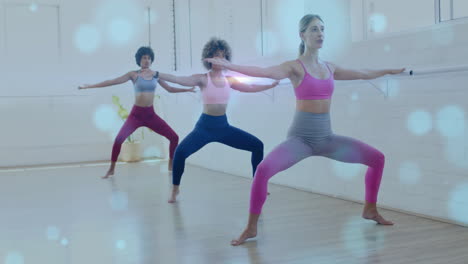 practicing yoga in studio, women surrounded by glowing light animation