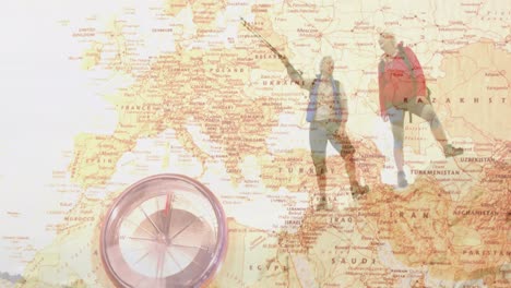 happy caucasian senior couple hiking in mountains, over moving map of europe