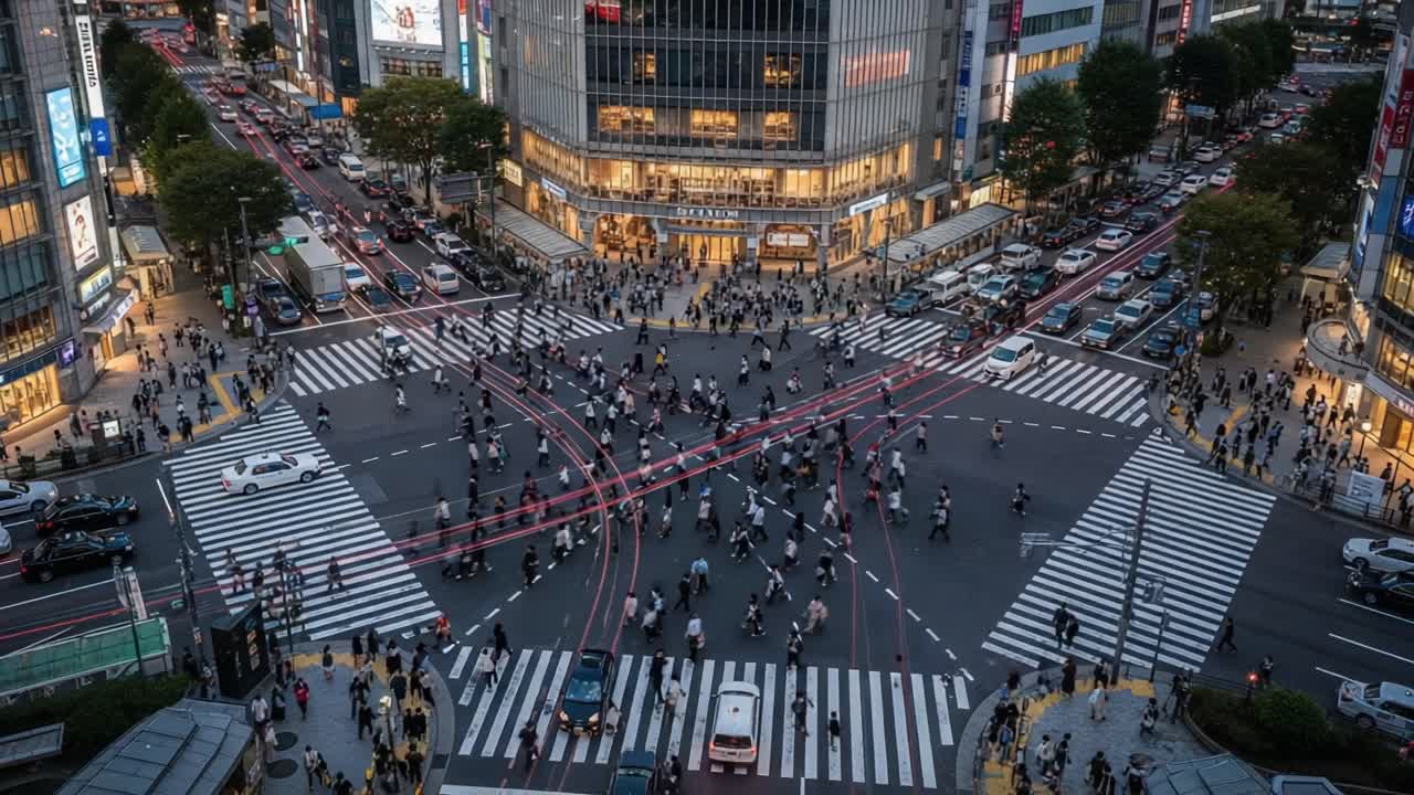 Aerial view of a busy city intersection at dusk with light trails and blurred pedestrians