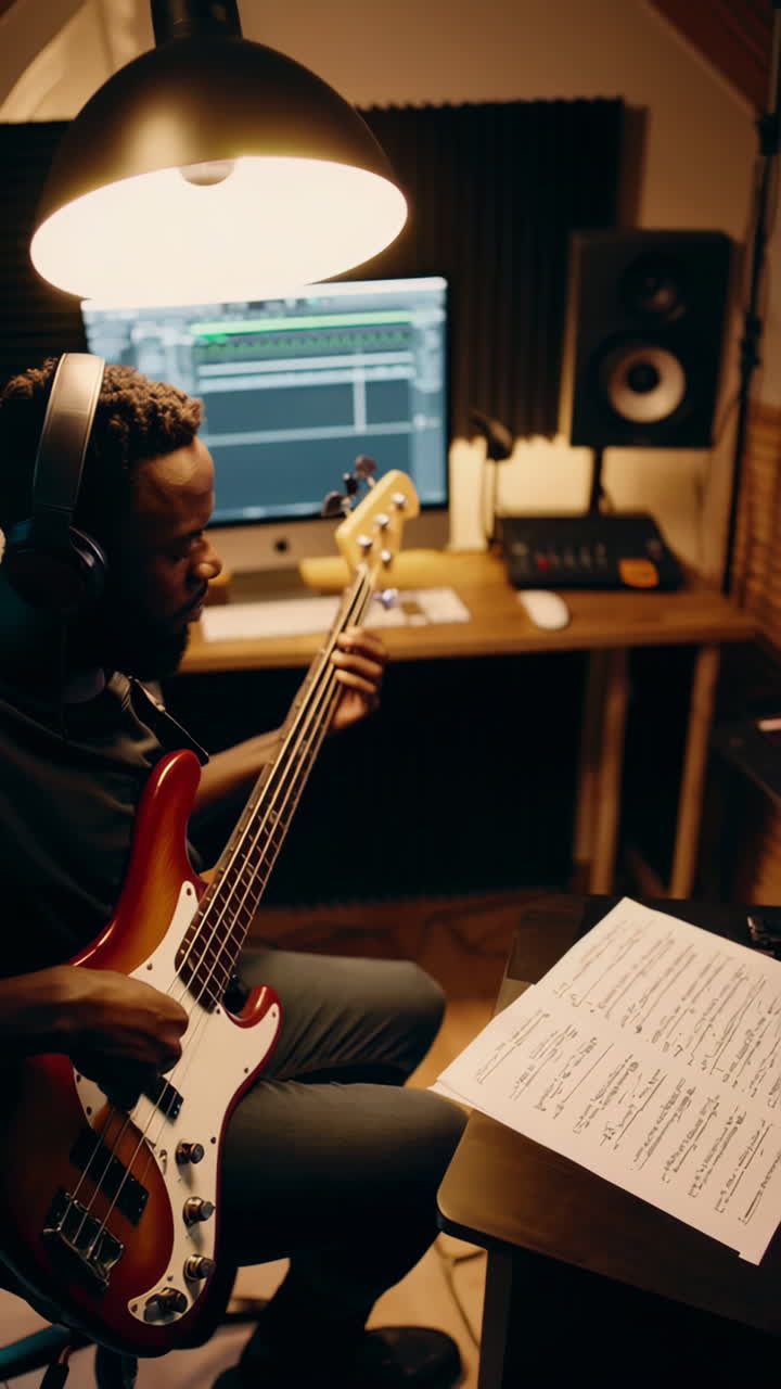 Man Playing Bass Guitar in a Recording Studio