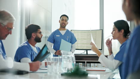 a group of doctors and nurses discussing a patient's medical case in a hospital meeting room.