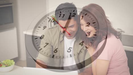 animation of clock ticking over diverse couple using tablet