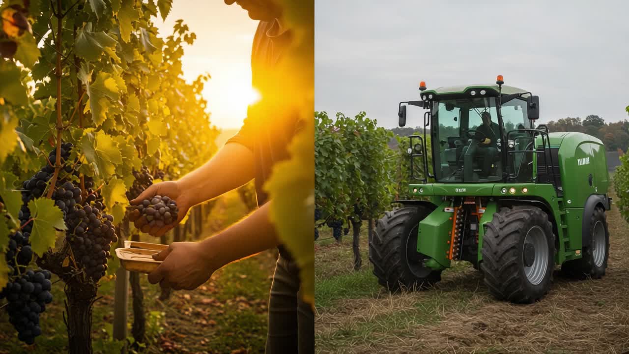 Harvesting Grapes: Capturing the Essence of Viticulture with Manual Grape Picking in Picturesque Vineyards and Modern Agricultural Machinery at Sunset