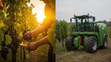 harvesting grapes: capturing the essence of viticulture with manual grape picking in picturesque vineyards and modern agricultural machinery at sunset