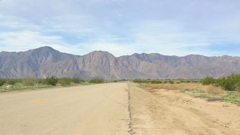 A-wide-shot-of-a-road-heading-towards-the-rocky-mountains-with-sand-and-lush-green-succulents-on-either-side