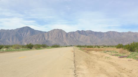 un amplio tiro de una carretera que se dirige hacia las montañas rocosas con arena y suculentas verdes exuberantes a cada lado