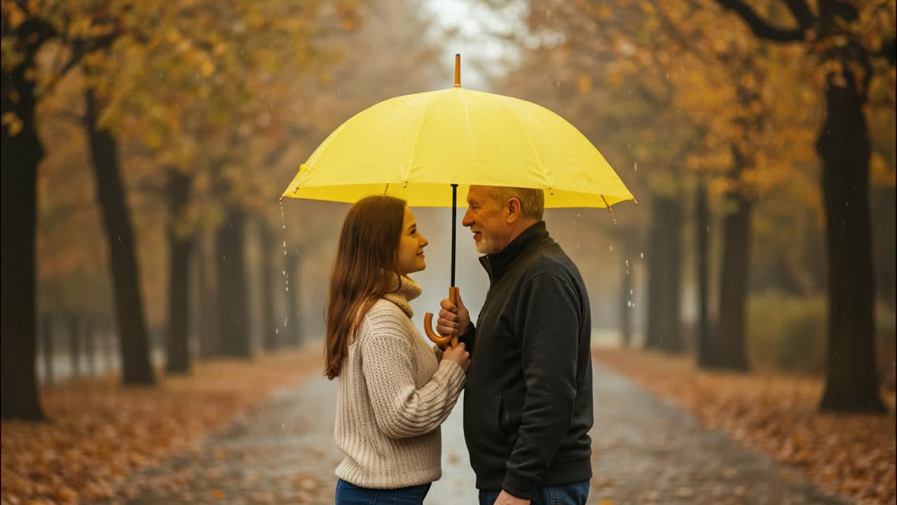 A couple under a yellow umbrella on a rainy autumn day