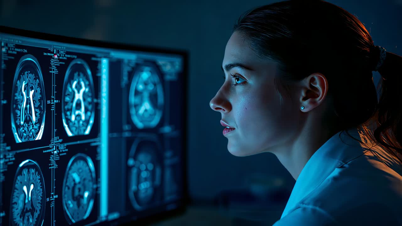 Monitor showing axial MRI, leaning doctor in lab coat reading slices at desk diagnosing, copy space
