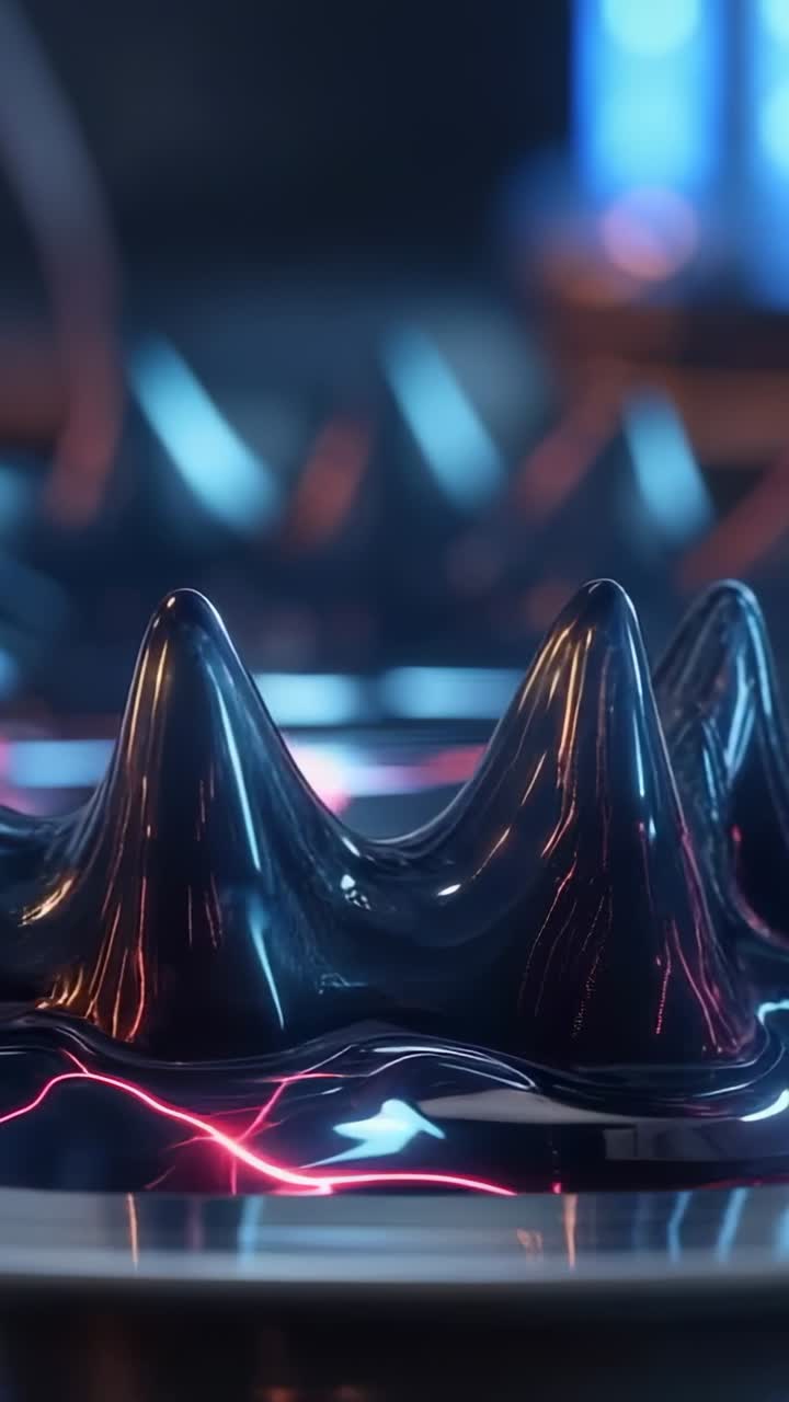 Video verticale: ferrofluido nero che riceve impulsi, formando e assestando picchi in laboratorio con bagliore RGB
