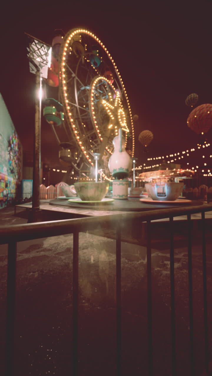 밤 에 놀이 공원 에서 페리스  과 차 컵 을 타는 것