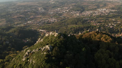 Aerial-Shot-of-Castelo-dos-Mouros---Castle-of-the-Moors---in-Sintra-National-Park,-Portugal