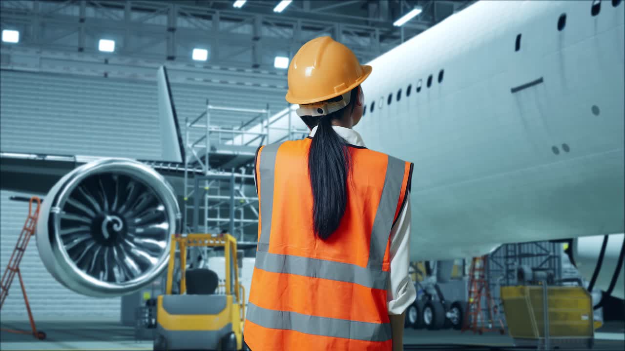ingeniera en una instalación de mantenimiento de aviones