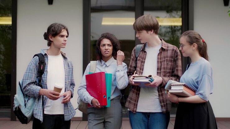 Multiethnic friends in university campus.