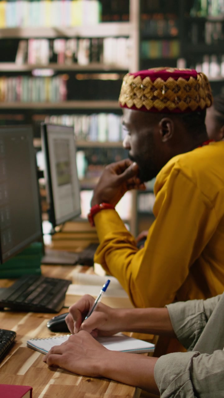 Video verticale: Studente asiatico che lavora con una visualizzazione di cervello AI su un monitor desktop in biblioteca