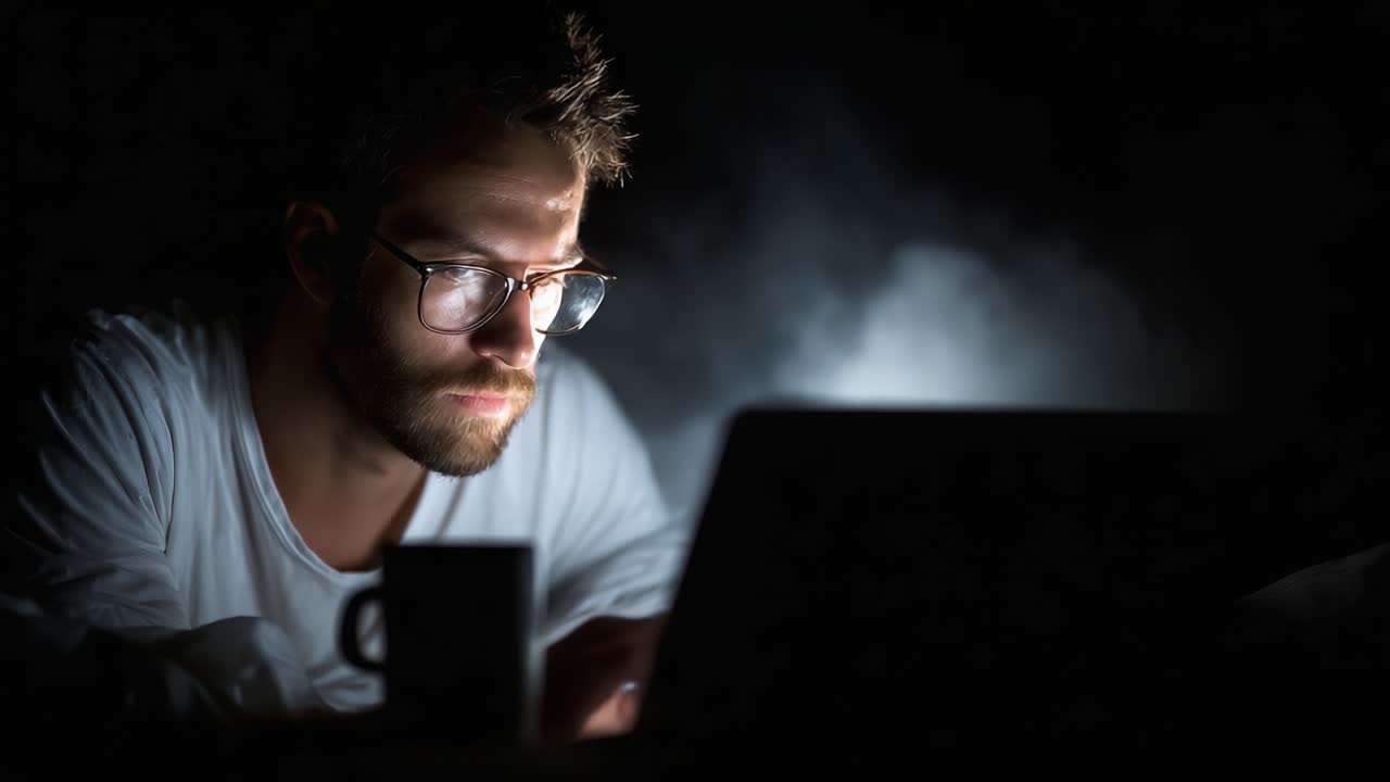 A Focused Individual Engaged with Technology at Night, Illuminated by a Laptop Screen While Enjoying a Beverage in a Dark Atmosphere