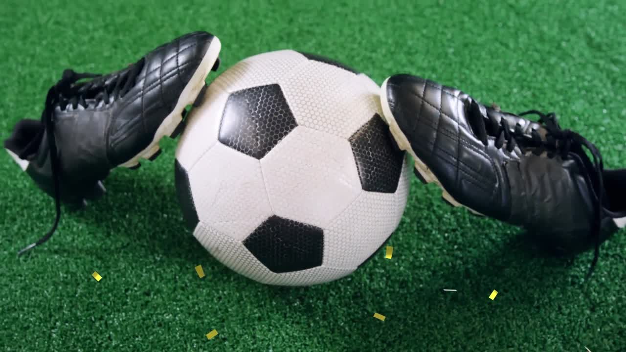 Animazione di coriandoli dorati che cadono su un pallone da calcio e scarpe sportive