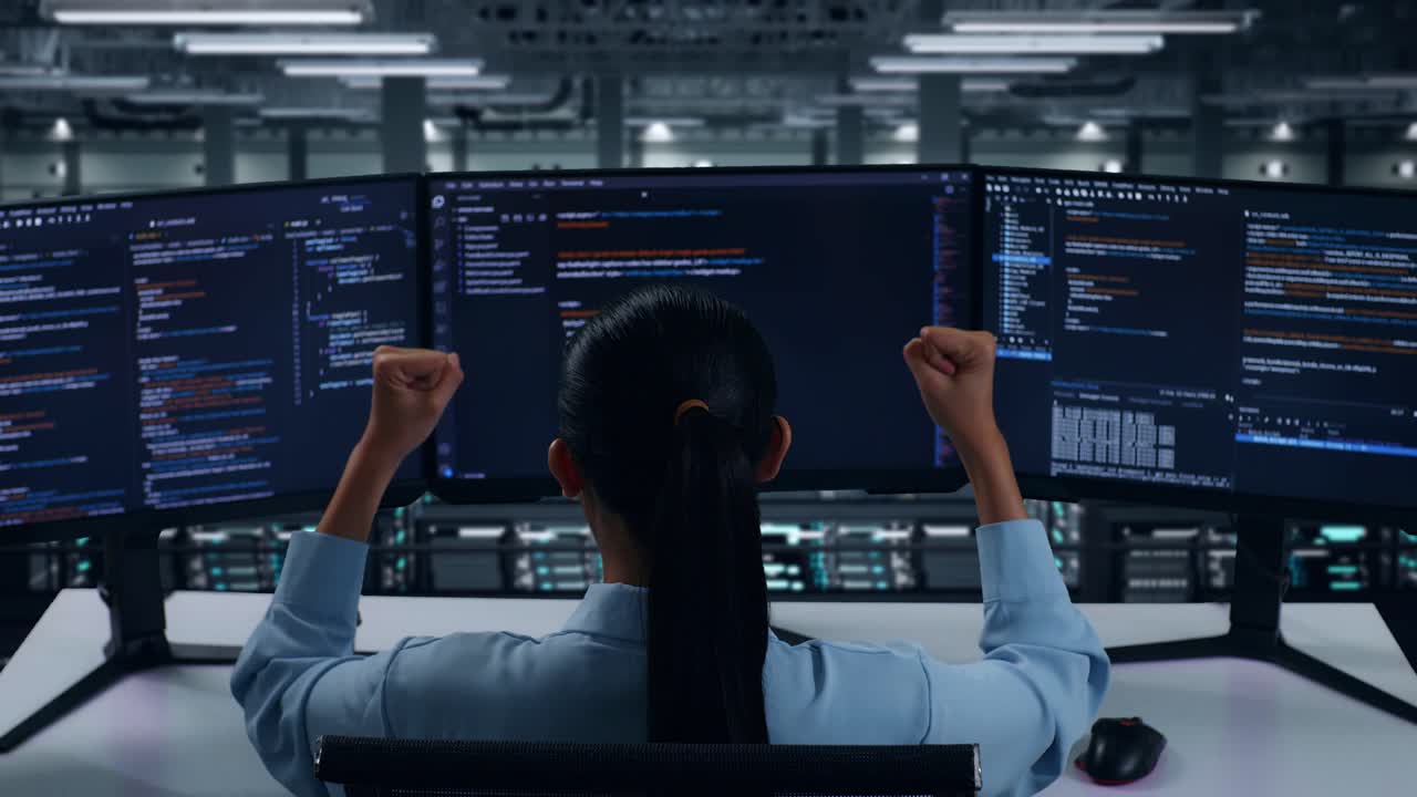 Back View Of Happy Asian Woman Developer Celebrating And Dancing While Write Code With Multiple Computer Screens In Data Center