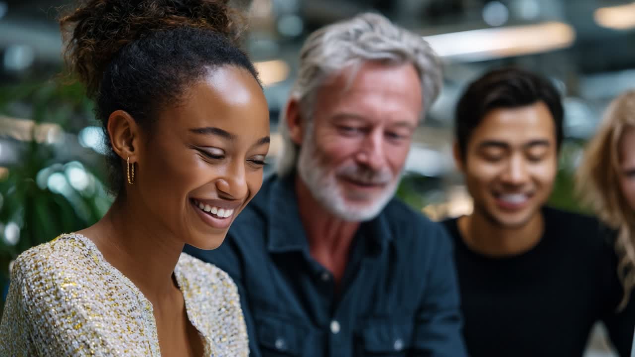 En mangfoldig gruppe er engageret i en livlig diskussion, hvor de viser smil og samhørighed, mens de samarbejder i et moderne arbejdsområde fyldt med naturligt lys og en livlig atmosfære