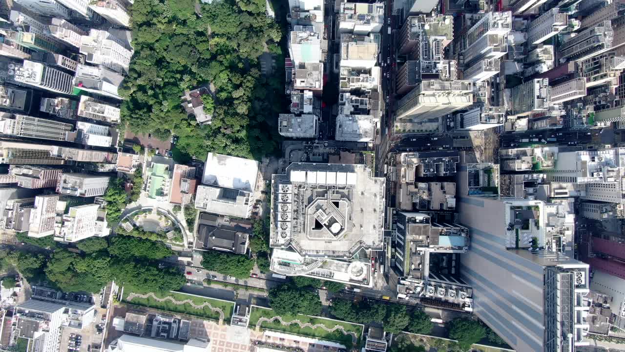 중앙 홍콩, 하향식 교통 및 도시 고층 빌딩의 조감도