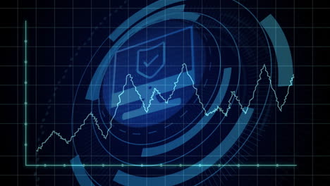 animación de escaneo de alcance y computadora con diagrama de escudo sobre