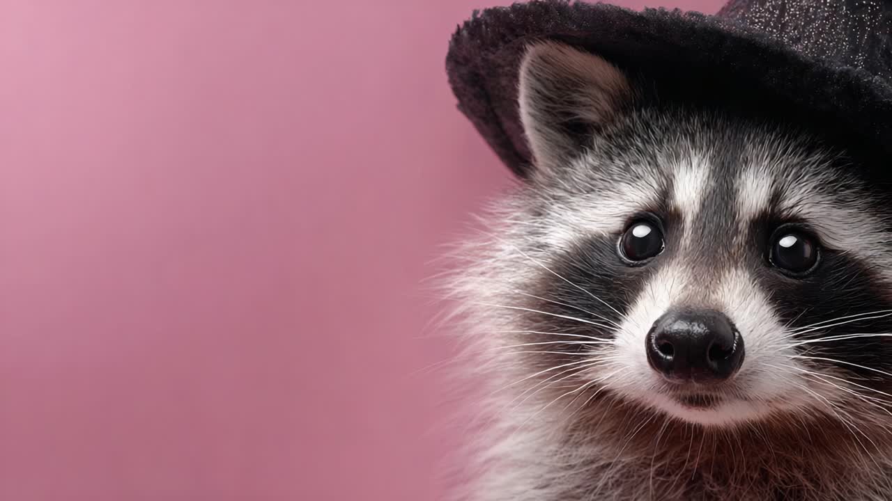 A Charming Raccoon in a Stylish Hat: Exploring the Playful Personality of This Adorable Creature with Its Unique Headgear Against a Soft Pink Background