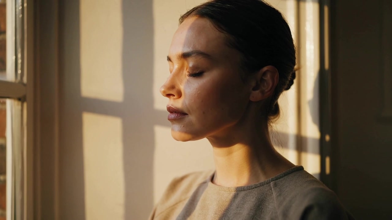 Standing woman reflecting by paned window in home, sunlight casting grid shadows, beige top bun
