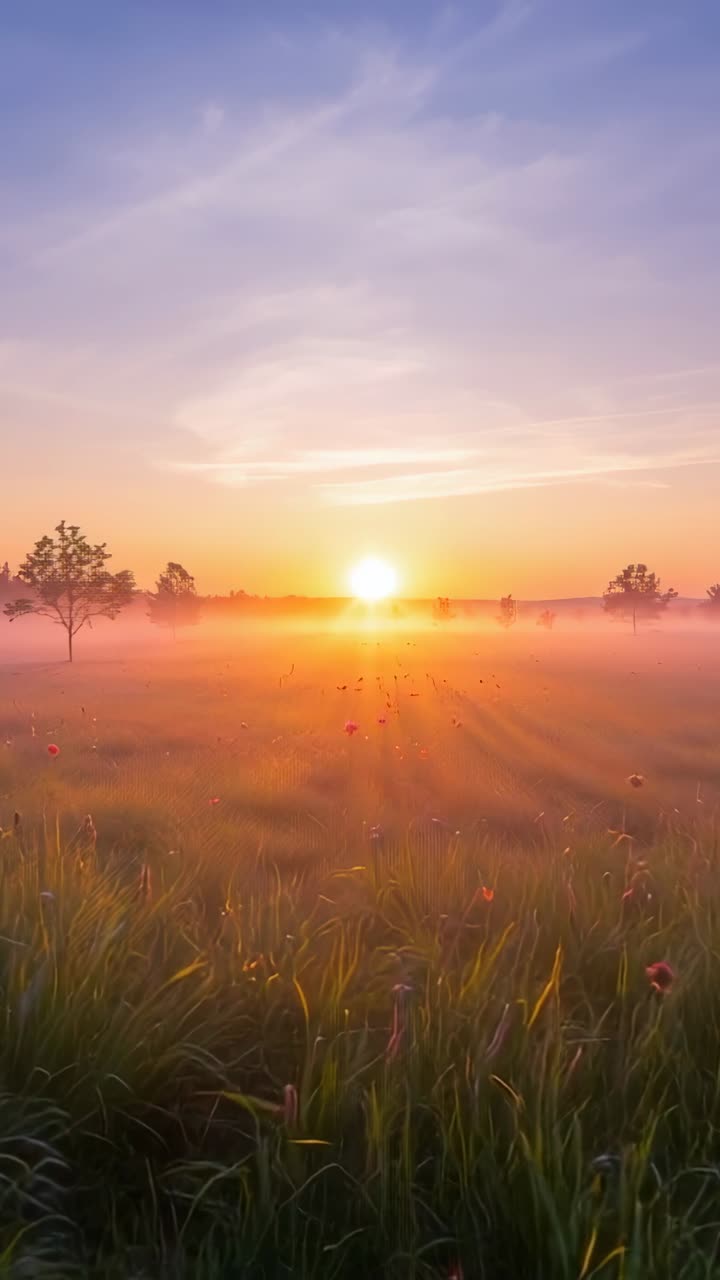 Vertical video: Rising sun casting warm rays across misty meadow, lighting grasses and red flowers
