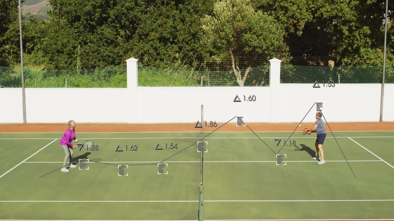 woman lunging on tennis court while man swinging racket with animated health graph