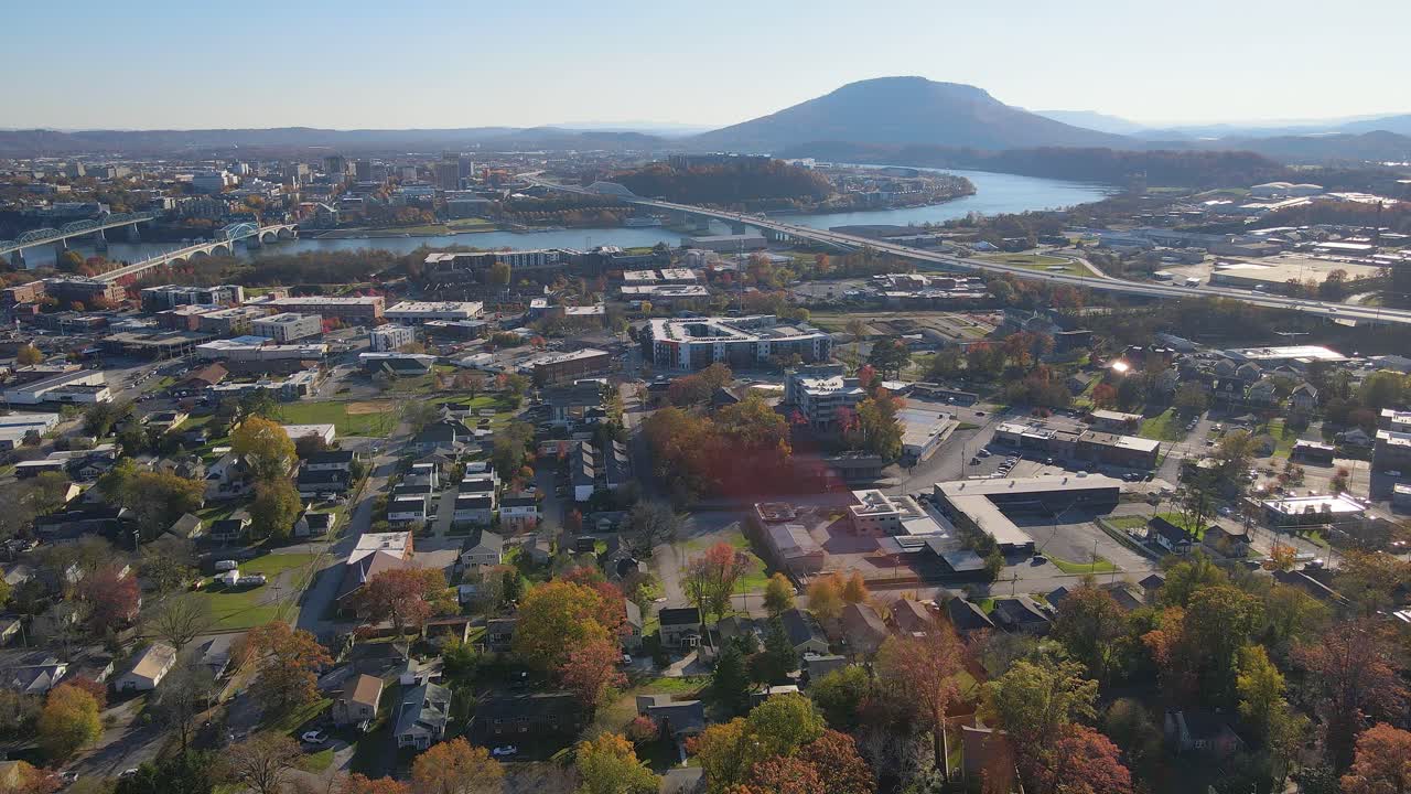 Chattanooga cityscape and Lookout Mountain in Tennessee, USA on a sunny autumn day