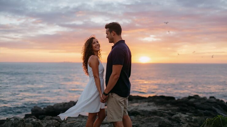 Couple debout se tenant la main sur une falaise au coucher du soleil, regardant le soleil se coucher, robe blanche flottante