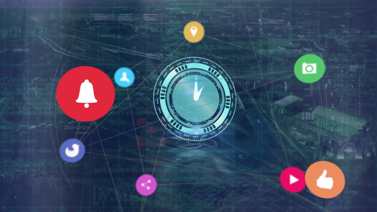 animación de reloj de neón y red de iconos digitales contra la vista aérea del paisaje urbano.