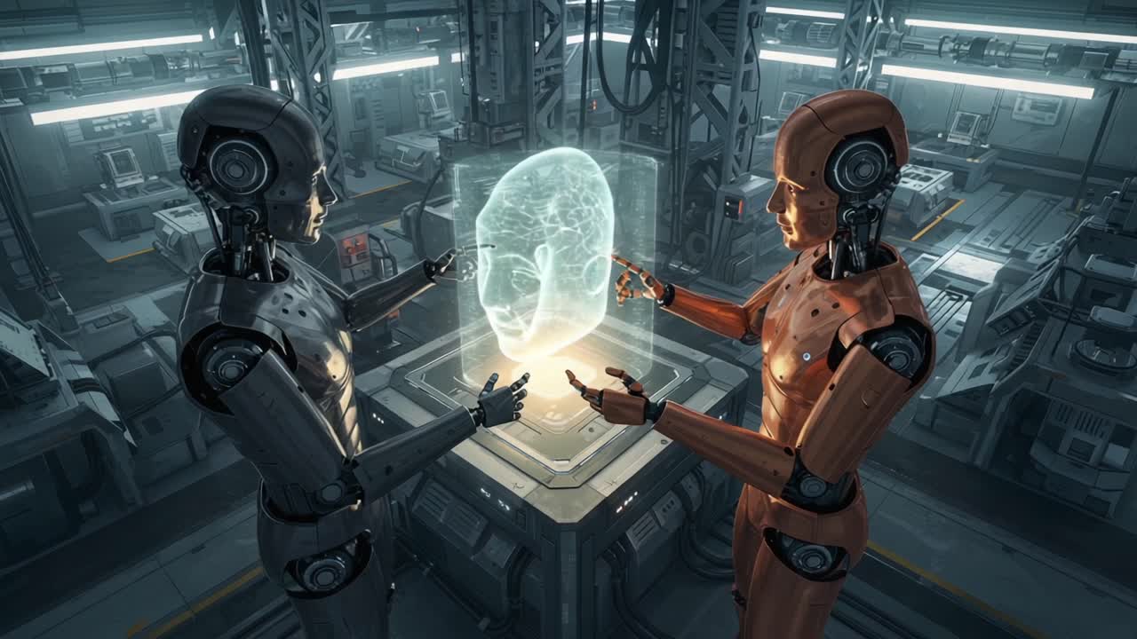 Two Advanced Robots Interacting with a Holographic Head in a Futuristic Laboratory Setting, Exploring AI and Human-like Characteristics in Robotics Development