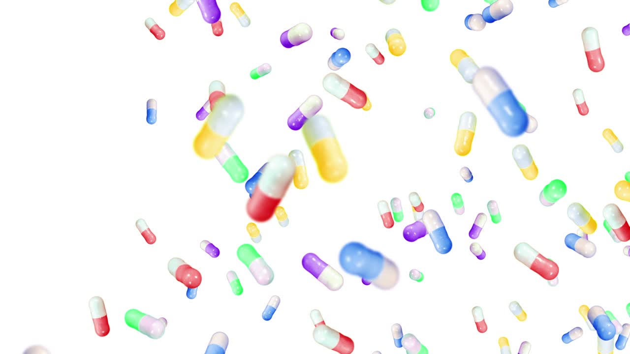 Molte capsule mediche che volano su sfondo bianco. Concetto medico e farmaceutico. Animazione 3D di capsule colorate che ruotano. Animazione in loop