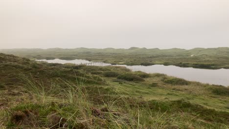 Danish-landscape-on-west-coast-at-overcast,-moody-day,-wide-view