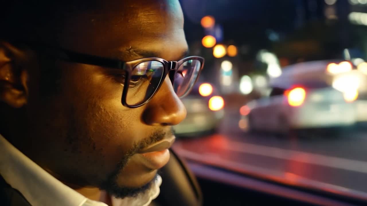 사업가 한 명 은 자동차 의 뒷좌석 에 앉아 도시 불 을 바라보는 창문 밖 을 사려 깊게 바라보고 있다