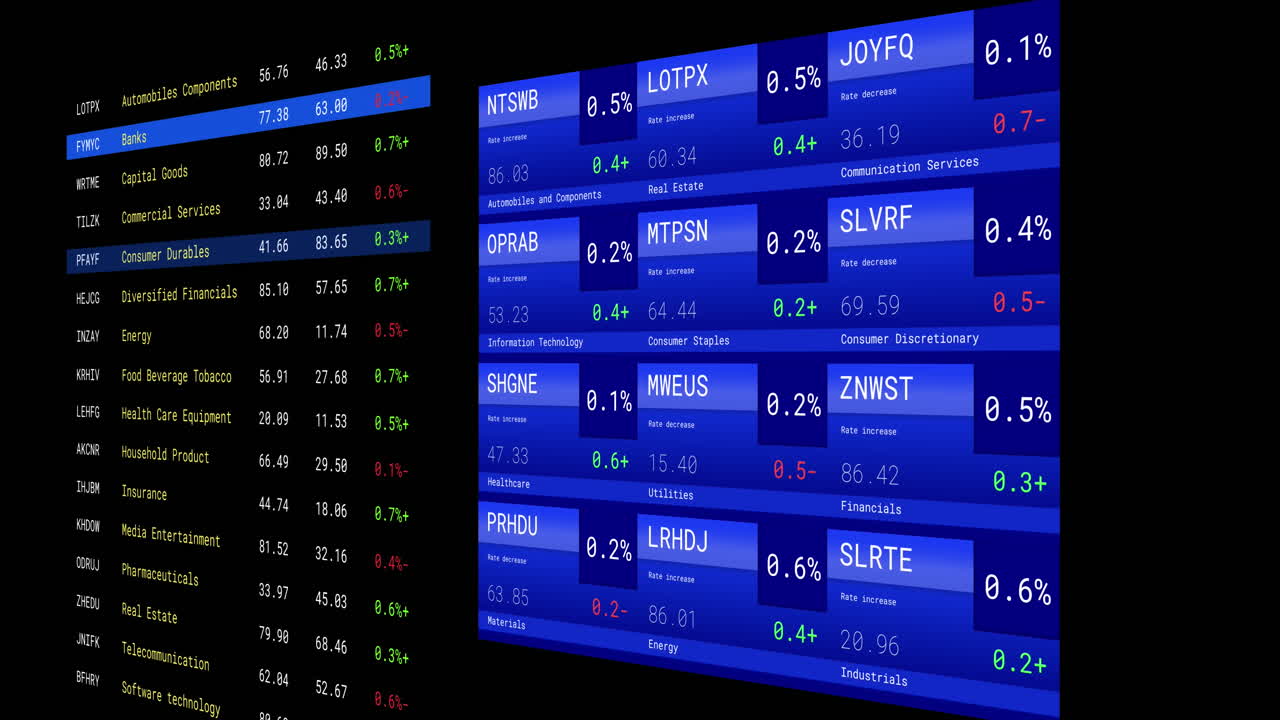 Animation of financial data processing with screens over black background
