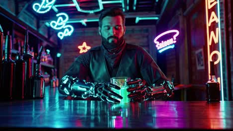cyberpunk bartender mixing drinks