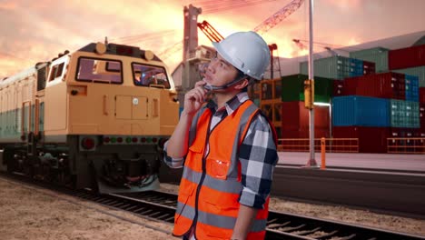 engineer at a port with train and containers