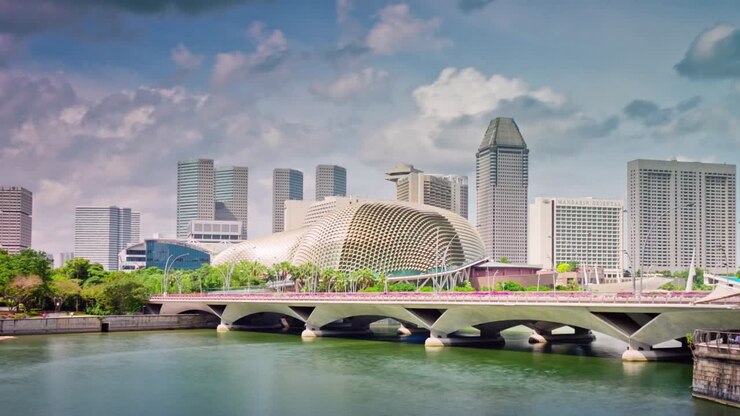 day light singapore famous theatres on the bay fountain panorama 4k time lapse
